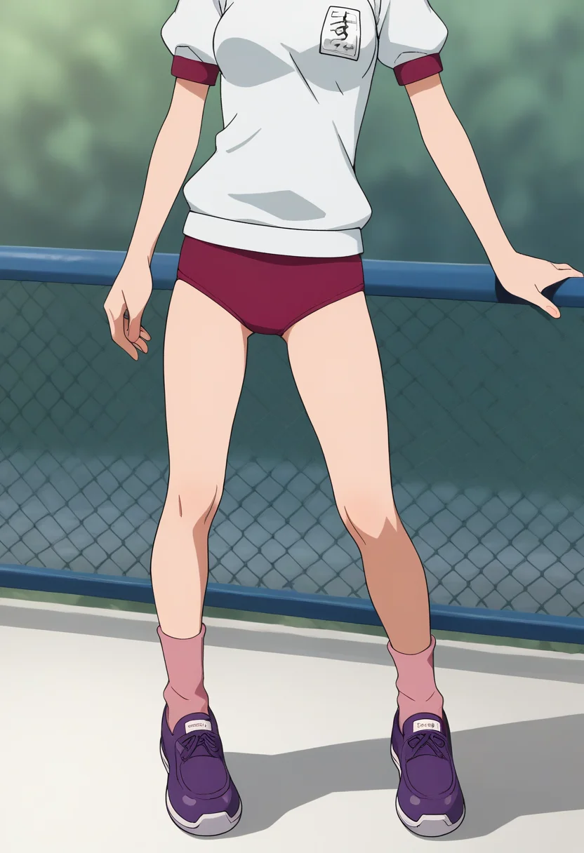 score_9, score_8_up, score_7_up, score_6_up, score_5_up, score_4_up, masterpiece, source_anime BREAK 1girl, ct-gy, medium breasts, gym uniform, short sleeves, pink buruma, purple shoes, pink socks, head out of frame, <lora:MisoraGym_PONY_c:1>