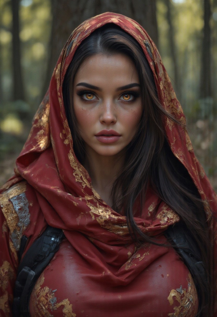 A close-up portrait of a young female cybermage with long dark hair and orange eyes. She is wearing a red and gold outfit with intricate designs on her head and shoulders. The outfit is made of a shiny, metallic material and has a hood that covers her head.The woman is looking directly at the camera with a serious expression on her face. The background is blurred, but it seems to be a wooded area with trees and foliage. The overall mood of the image is dark and mysterious <lora:Flux_Ultimator:0.5> <lora:CPA:0.6> cyberpunk <lora:flux_realism_lora:0.2> <lora:aidmaFluxPro1.1Stylev0.2:0.8> aidmafluxpro1.1