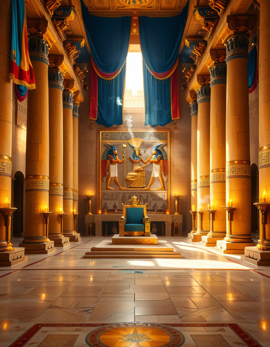 A grand and majestic ancient Egyptian throne room, illuminated by the warm glow of oil lamps and torches mounted on the intricately carved sandstone walls. The room is vast, with towering columns adorned with gold-inlaid hieroglyphs and bas-reliefs depicting gods such as Ra, Osiris, and Anubis, as well as scenes of royal ceremonies and offerings. The walls are covered with colorful frescoes, painted in deep shades of blue, red, and gold, telling the stories of ancient pharaohs and their divine rule.
At the center of the hall, an ornate golden throne rests atop a raised stone platform, accessible by a few steps. The throne is adorned with intricate carvings of winged sun disks, sacred cobras, and falcon motifs, symbolizing power and divine protection. The seat and backrest are encrusted with lapis lazuli, turquoise, and carnelian, creating a striking contrast against the polished gold. Two large stone statues of sphinxes flank the throne, their watchful eyes seeming to guard the empty seat of power.
The polished limestone floor reflects the flickering golden light of the torches, creating an almost mystical atmosphere. Large braziers shaped like lotus flowers release thin trails of fragrant incense smoke, adding to the sacred and mysterious ambiance of the room.
In the background, massive stone doors, partially open, reveal a glimpse of an open courtyard with palm trees and a distant view of the Nile River under a twilight sky. Through the high ceilings, small openings allow beams of moonlight to filter in, casting soft silver highlights across the chamber, blending with the warm tones of the torchlight.
The atmosphere is one of silence, mystery, and timeless majesty, as if the room has been left untouched for centuries, awaiting the return of a forgotten ruler.
<lora:SDXLFaeTastic2400:0.4> <lora:extremely_detailed:0.4> extremely detailed, <lora:ancient_Egyptian_thr0n3_r00m:1>,ancient Egyptian thr0n3 r00m, Masterpiece,best quality,hi res,8k,hi res,8k,award winning,(sharp focus, intricate, highly detailed),