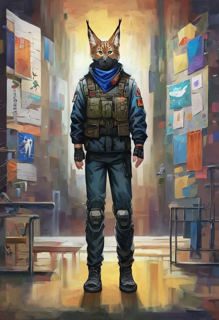 Score 9, Score_8_up, Score_7_up, ng_deepnegative_v1_75t, negative_hand, charturnerv2, knee-deep portrait of adult male, banners, starship, high technology, shirt, fingerless gloves, soldier uniform,, , anime, Arknight provens, detailed background, cyberpunk, bandana, facemask, furry, lynx species, lynx tail, lynx ears