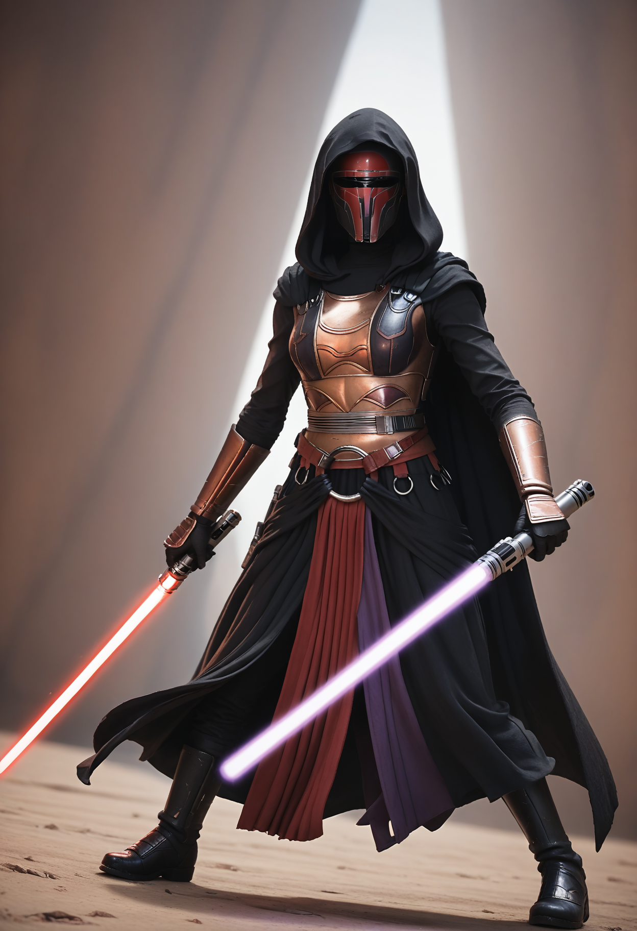 score_9, score_8_up, score_7_up,
1girl, solo,
star wars, twilight, simple background,
fighting stance,
looking at viewer,
dutch angle, depth of field,
<lora:Dark_RevanArmor_Pony:0.7> d4rkr3v4n4rm0r, black robe, cape, hood up, mandalorian helmet, breastplate, gauntlets, belt, belt boots, holding lightsaber, dual wielding, purple lightsaber, red lightsaber, realistic,