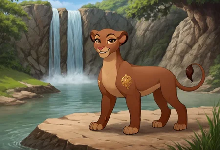 score_9, score_8_up, score_7_up, by reallynxgirl,  BREAK, solo, rani, lioness, ((feral)), female lion, fullbody,  brown body, reddish brown eyes, smiling, seductive pose, detailed background,  (seductive pose:1.2), (raised tail:1.6), lake, waterfall background, detailed background, front view, (seductive face), (teasing), (looking at viewer)