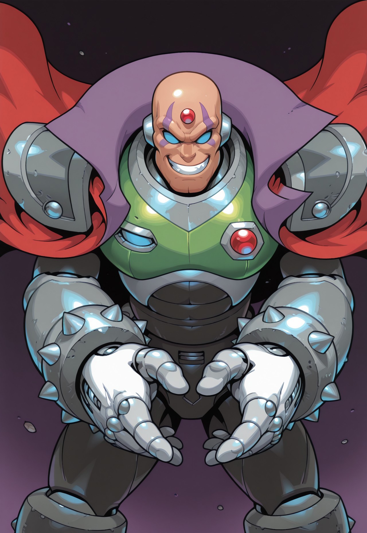 1boy, solo, s1gma, bald, robot, empty eyes,no pupils, blue sclera, forehead jewel, spikes, purple facial mark, robot ears, shoulder spikes, robot joints, white gloves, muscular, red gem, shoulder pads, spiked bracelet, red cape, upper body, fighting stance, dynamic pose, science fiction, looking at viewer, wicked grin, teeth,
extremely detailed, detailed, highres, masterpiece, best quality, solo, fleetway-elson,