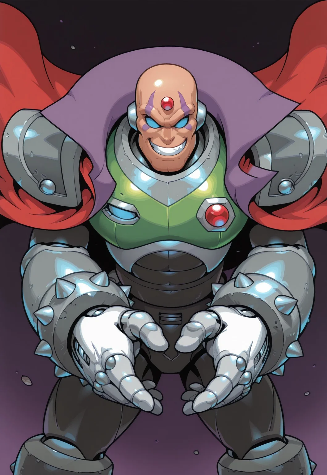 1boy, solo, s1gma, bald, robot, empty eyes,no pupils, blue sclera, forehead jewel, spikes, purple facial mark, robot ears, shoulder spikes, robot joints, white gloves, muscular, red gem, shoulder pads, spiked bracelet, red cape, upper body, fighting stance, dynamic pose, science fiction, looking at viewer, wicked grin, teeth,
extremely detailed, detailed, highres, masterpiece, best quality, solo, fleetway-elson,
