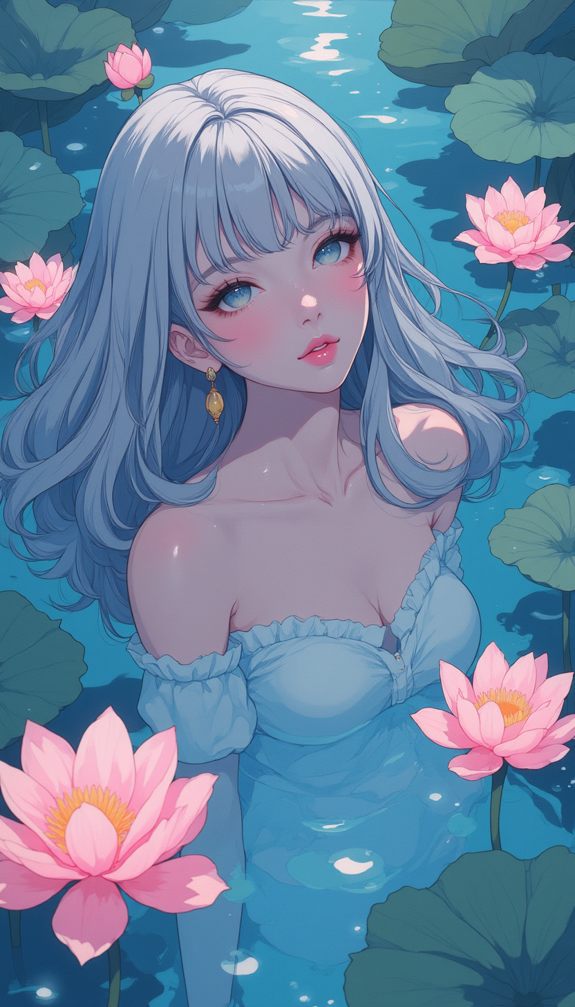 A high-quality, whimsical digital artwork in the style of pinksoftcoreanime, 
A woman with opal-like hair, surrounded by floating lotus flowers and glowing water droplets, in a dreamlike lagoon.