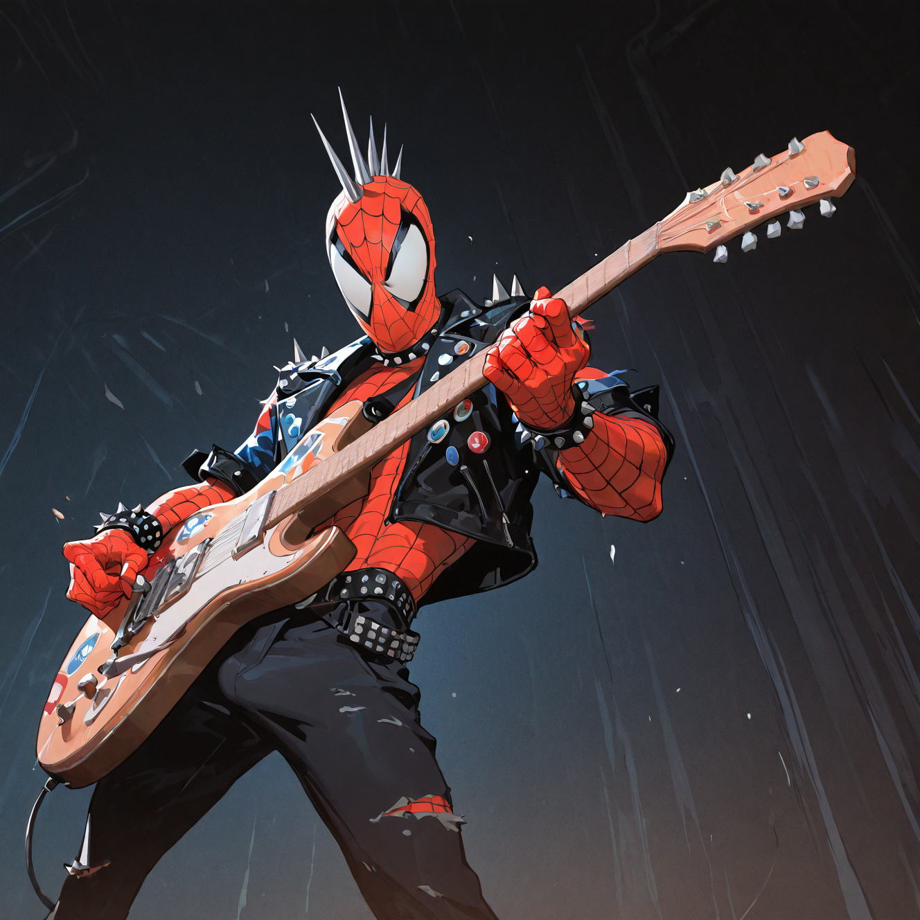 <lora:SPIDERPUNK:1>spiderpunk, solo, 1boy, holding, jewelry, jacket, male focus, horns, pants, black jacket, collar, bracelet, torn clothes, colored skin, instrument, spikes, music, guitar, holding instrument, white eyes, no pupils, spiked collar, playing instrument, spiked bracelet, blank eyes, electric guitar, superhero, sticker, plectrum, studded bracelet, punk, holding plectrum, shirt, open clothes, belt, open jacket, fishnets, button badge, shoulder spikes,  dynamic perspective, night, detailed background, motion blur, film grain, abstract, natural lighting, fantasy, cinematic, dynamic view, very awa, masterpiece, best quality, absurdres, newest, perfect quality, detailed background, intricate details, (artist:fl \(l-fl\):0.7), (artist:tooboshoo:0.7), (artist:dizdoodz:0.8)    <lora:bulge:1> bulge
