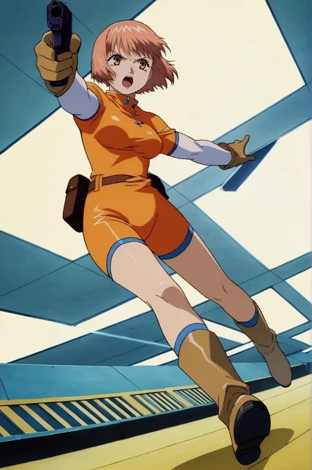 score_9, score_8_up, score_7_up,anime_source, source_anime, best background, detailed background, anime screencap,  Suzuki, 1990s \(style\), 1girl, bodysuit, boots, elbow gloves, gloves, retro artstyle, solo, thighhighs, :p, aiming,  gun, handgun, weapon, dynamic angle,  indoors,  <lora:JN_Mikura_Suzuki:0.8>