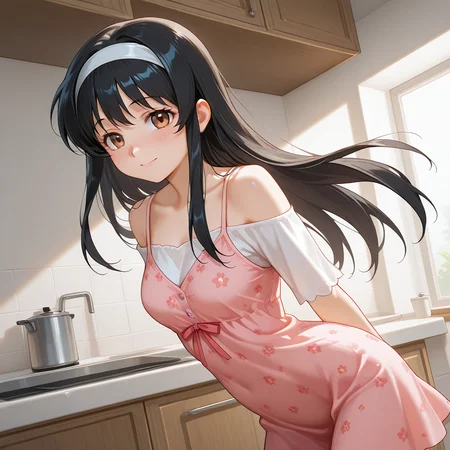 <lora:IL_Chitose_Sayoko:1>,1girl,solo,im_vv,Asuka Chitose/(alicesoft/),brown eyes,black hair,long hair,sidelocks,thin hairband,
pink camisole dress,floral print and a ribbon on chest,off-shoulder shirt,layered clothing,kitchen,floating hair,arched back,dutch angle,leaning forward,arms behind back,closed smile,shutting eyes,, <lora:wai-A3-V140:1>,, masterpiece,best quality,amazing quality,very aesthetic,absurdres,