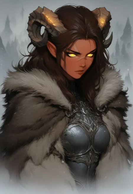 (score_9, score_8_up, score_7_up), source_anime, anime, red skin, shoulder length, long hair, scar on face, ((glowing yellow eyes)), black armor, ((brown fur cloak)), brown hair, girl, tiefling, ram horns, viking style