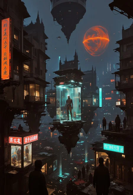 Art by Alejandro Burdisio, Floating Chaos, buildings, cars, people, nothing obeys gravity anymore. They hover, weightless, like forgotten memories. gantz-advancedsuit, osaka \(city\), doutonbori, midnight, neon sign, gantz advanced suit, orange sphere in background, highly detailed, high budget, cinemascope, moody, epic, gorgeous, film grain, grainy, Jagged rips in space-time, pulsating with the sickly glow of neon orange, electric blue, or radioactive green, synthetic mist, hiding secrets, silhouettes, and the occasional ghost of the old world. pscho_4rt, surreal, abstract, glitch effects
