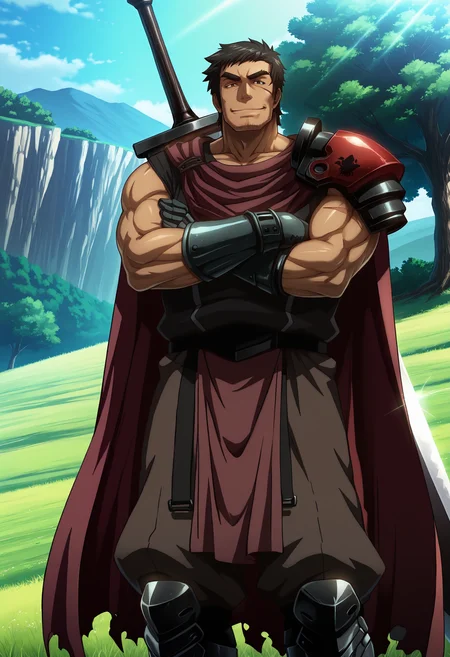 best quality, masterpiece, anime_screencap, hi res, best_quality, very aesthetic, absurdres, 8k, Kva1t,
1boy, male_focus,
brown_eyes, black_hair,
scar, manly,muscular, thick eyebrows, facial hair, stubble, sideburns,
smile, happy,
armor, cape, shoulder armor, pauldrons, shoulder pads, gauntlets, gloves, greaves,
kuroinu emblem, standing, crossed_arms,
huge_weapon, greatsword, sword_on_back, beautiful lighting, ray traced, outdoors, meadow, tree, cliff, day, sunshine