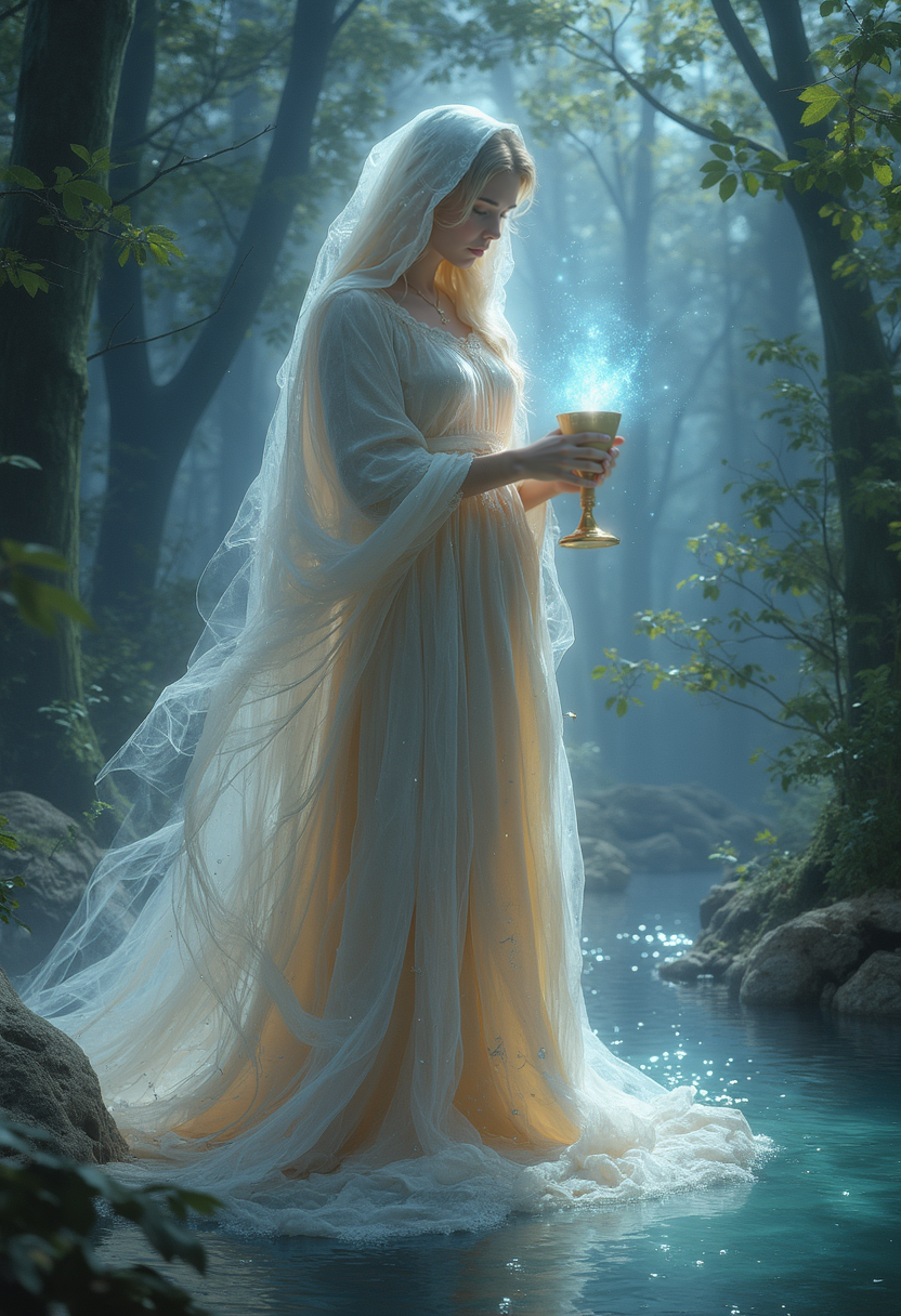 In a mystical moonlit lake , the Lady of the Lake stands tall and serene,she radiates god like power, radiant beauty,  holding a gleaming holy grail in both hands. clothed in white with a narrow golden fillet holding a white veil on her head. Subtle hints of her true identity as Lileath, the elven goddess of dreams are revealed through the faint glow of starlight in her eyes and the ethereal, crescent moon symbols embroidered along her flowing robes.  The atmosphere is filled with divine grace and mystery as the grail glows with the power of prophecy and hope,
Hyper detailed in the artistic styles of Adrian Smith, Mark Gibbons, and Paul Dainton
highly detailed background
<lora:Aura_Flux:0.6> auralora