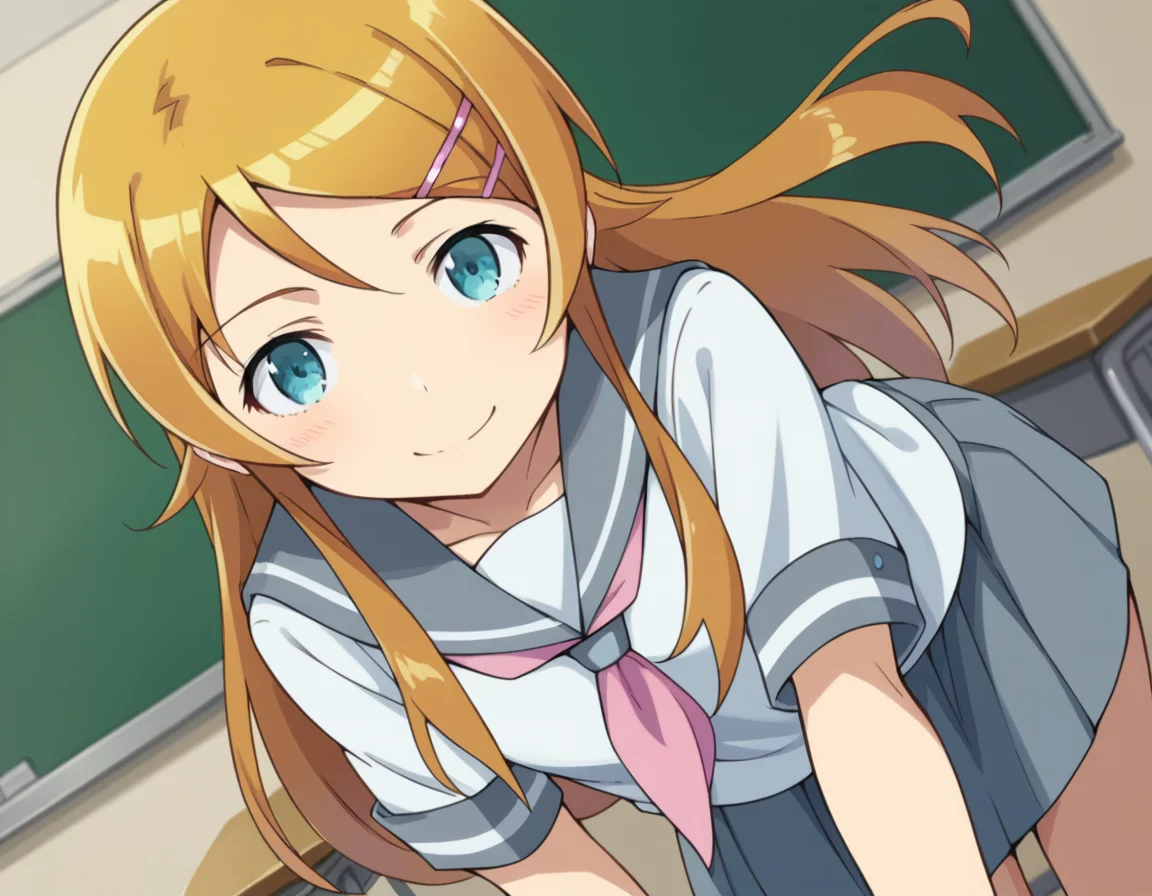 score_9, score_8_up, score_7_up, source_anime,
kirinokousaka, <lora:kirino-kousaka-s2-ponyxl-lora-nochekaiser:1>,
kirino kousaka, long hair, blue eyes, hair ornament, hairclip, orange hair, aqua eyes,
skirt, school uniform, serafuku, shirt, white shirt, grey sailor collar, grey skirt, pleated skirt, neckerchief, pink neckerchief,
indoors, classroom, smile, bent over,
looking at viewer, cowboy shot, solo, dutch angle,