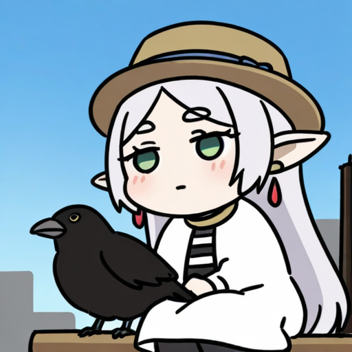fufu,frieren,1girl,pointy ears,jewelry,earrings,green eyes,elf,hat,long hair,dress,white hair,white dress,sitting,parted bangs,drop earrings,blush,chibi,Random pose,random background,random action,facing the viewer,Holding random things,cute little animals appear randomly,=w=,<lora:fufu_20R_v3:0.3>,<lora:UltimateQB:0.5>,UltimateQB,(Speechless),a crow flew over the sky,blue_sky,Telephone pole,city,, solo,only one person