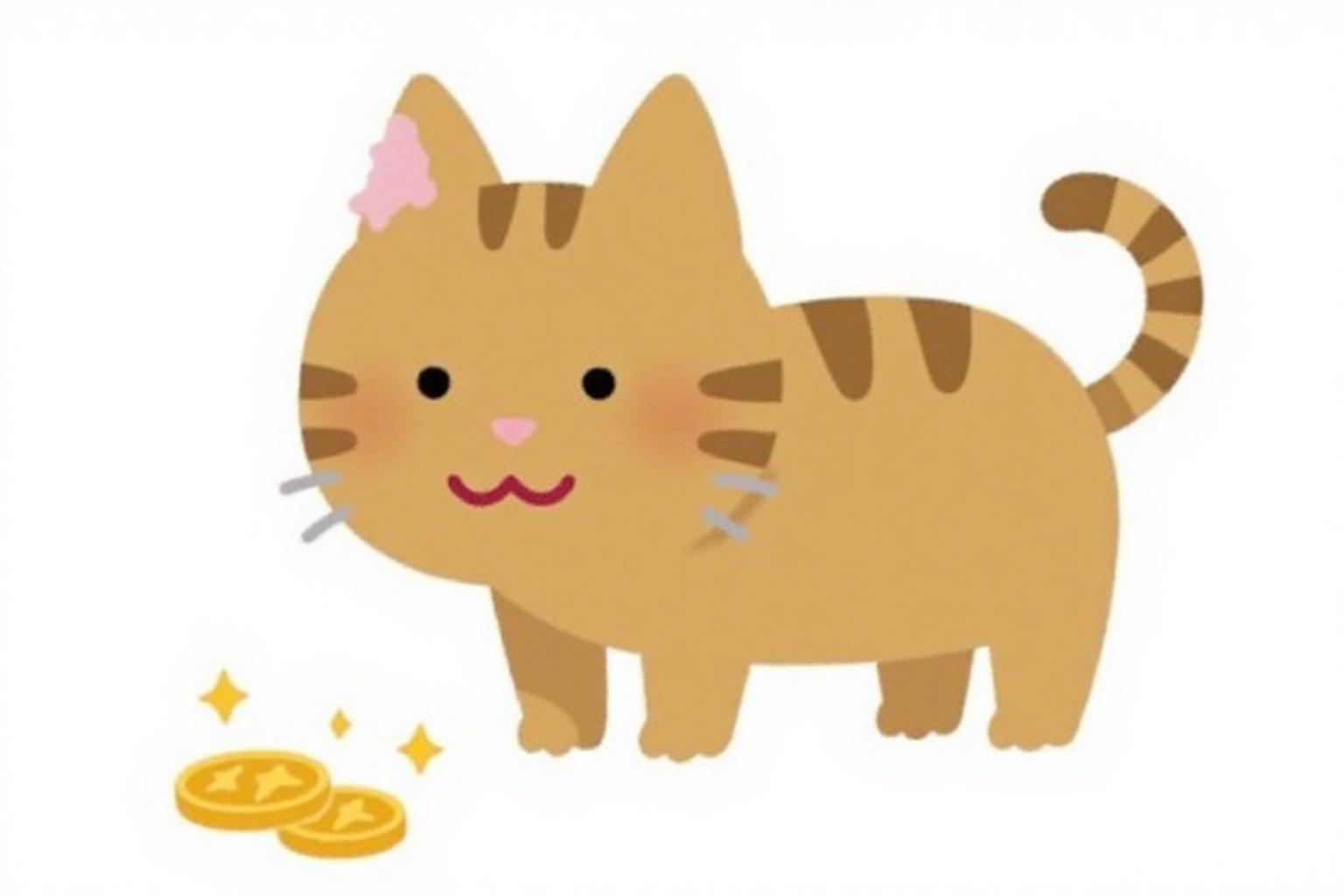 irasutoya1 illustration.
A brown cat with a pink nose and whiskers, standing on all fours with its tail curled upwards. In the foreground, there are two golden coins and three small yellow stars. <lora:irasutoya1_cap_d8a4e8:1.0><lora:846933554226063652:0>