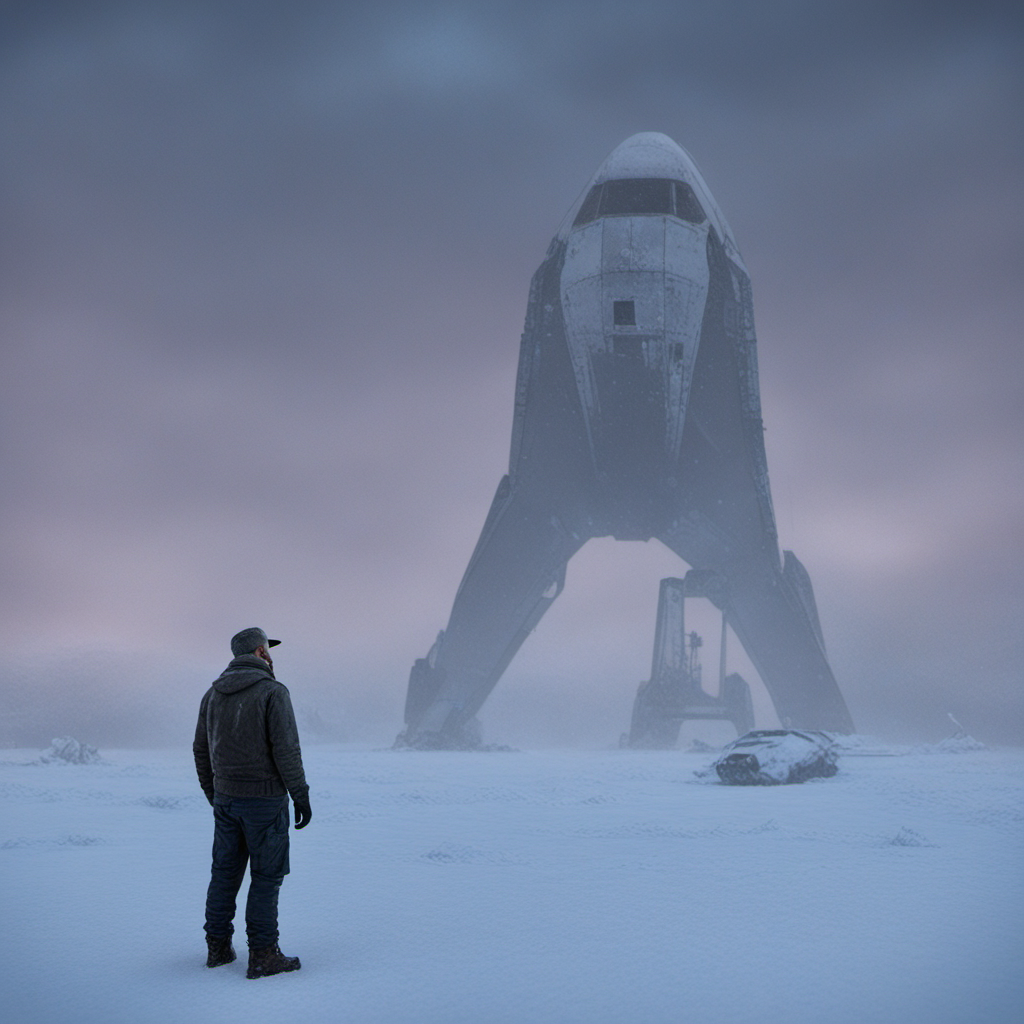 apocalyptic a man standing in the snow next to a giant shuttle <lora:Apocalyptic:1>