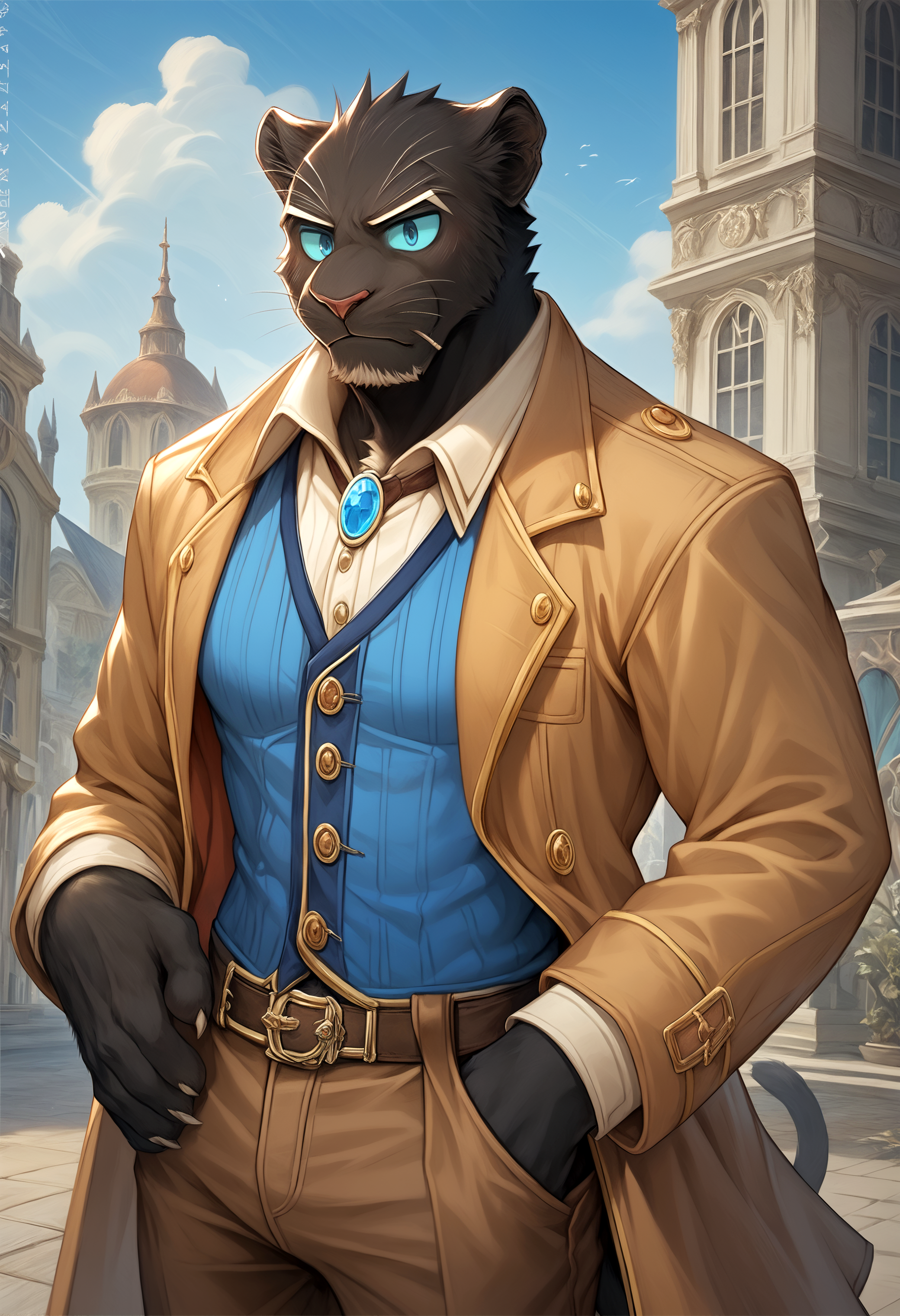 score_9, score_8_up, score_7_up, 8k, detailed design, detailed background, detailed characters, masterpiece, anthro only, furry only, 1boy, solo,  <lora:GranruthCrave_Saga-000002>, granruth, black fur, vest,  blue eyes, blue sclera, panther boy, facial hair, brown pants, coat, shirt, vest, back view, investigating, nosy, questioning, thinking,   outside, crime scene,