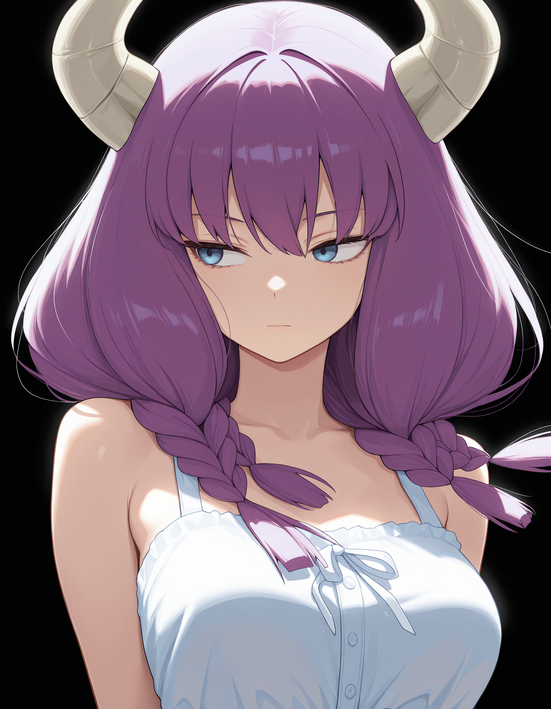 <lora:Aura:1>1girl, solo,
aur4, demon horns, demon girl, braid, multiple braids, purple hair, low-braided long hair, blue eyes, 
sundress, looking to the side, floating hair, 
(solid black background:1.4), simple background,, masterpiece, best quality, amazing quality