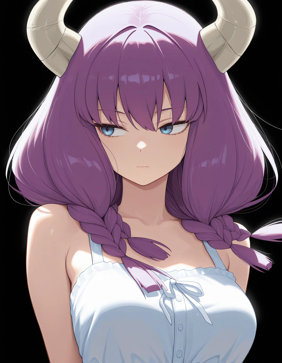 <lora:Aura:1>1girl, solo,
aur4, demon horns, demon girl, braid, multiple braids, purple hair, low-braided long hair, blue eyes,
sundress, looking to the side, floating hair,
(solid black background:1.4), simple background,, masterpiece, best quality, amazing quality
