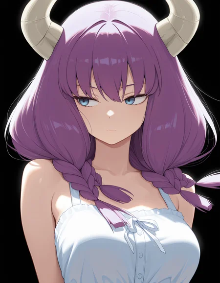 <lora:Aura:1>1girl, solo,
aur4, demon horns, demon girl, braid, multiple braids, purple hair, low-braided long hair, blue eyes,
sundress, looking to the side, floating hair,
(solid black background:1.4), simple background,, masterpiece, best quality, amazing quality