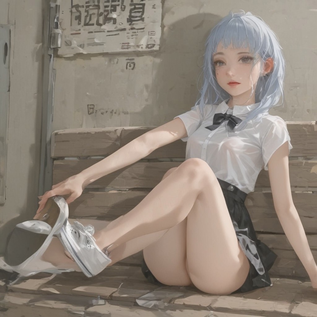 k-pop 1girl riding on the train, tan skin, korean asian girl, light blue hair, sitting on bench seat, goth slutty clothes,  wearing converse sneakers, (one shoe off), (heel popping), feet on the floor, morning peak, teasing me with her foot, photorealistic, looking at viewer, flirt, perfect <lora:add-detail-xl:1>, Super see Through