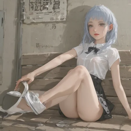 k-pop 1girl riding on the train, tan skin, korean asian girl, light blue hair, sitting on bench seat, goth slutty clothes,  wearing converse sneakers, (one shoe off), (heel popping), feet on the floor, morning peak, teasing me with her foot, photorealistic, looking at viewer, flirt, perfect <lora:add-detail-xl:1>, Super see Through