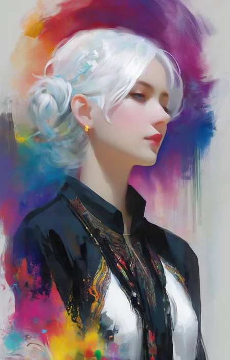 (Style by NTY:1.4), a woman, black shirt, white hair, intricate, colorful, <lora:OilPaint:0.7>