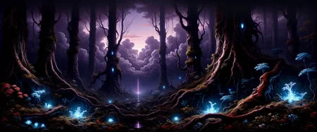 dark fantasy-style oil painting inspired by william turner's shade and darkness - the evening of the deluge, an otherworldly and bizarre extraterrestrial jungle on a distant planet, the landscape is dense with twisted alien vegetation, towering trees covered in crimson vines and eldritch growths rise up toward a sky barely visible through the canopy, the ground is blanketed in thick moss and exotic, glowing bioluminescent plants, casting a mesmerizing cyan light onto the shadowy forest floor, in the foreground, the gnarled roots of the alien trees twist and sprawl, while patches of bioluminescent flora pulse with an eerie glow, their cyan and teal light contrasting sharply against the dark underbrush, tendrils of crimson vines snake up the towering trees, as if feeding off the eldritch energy that saturates the air, in the background, dramatic clouds swirl ominously in the sky, the deep purple of the atmosphere broken by flashes of eldritch energy, the occasional break in the dense canopy allows glimpses of the alien sky above, where a dark, cosmic horror looms unseen, the energy it radiates warps the atmosphere, bending the light and casting an unnatural glow over the jungle, the atmosphere is oppressive and foreboding, saturated with the tension of eldritch horror, as though the very jungle itself is alive, pulsing with ancient, unknowable power, the color palette is dominated by dark shades of black, purple, teal, cyan, crimson, bordeaux red, and deep browns, blending together to create a surreal, cosmic nightmare, the perspective is very low, almost ground-level, with a focus on the towering trees and the glowing flora, as though the viewer is standing at the edge of the jungle, staring into the heart of this eldritch realm, the towering trees loom overhead, oppressive and alive, the lighting is eerie and otherworldly, with bioluminescent plants casting cyan and teal light across the forest floor, the shadows deep and thick, the eldritch energy distorting the light as it moves through the jungle, the textures are rich and tactile, with thick, deliberate brushstrokes capturing the twisted forms of the alien trees, the glowing plants, and the warped, pulsing energy that permeates the scene, giving the painting a textured, almost tactile quality, <lora:style-classic_paint-flux-by_andreac75:0.52> <lora:style-fantastic_landscapes-flux-by_artifyai:0.76> <lora:image_enhancer-flux-by_dever:1.0>