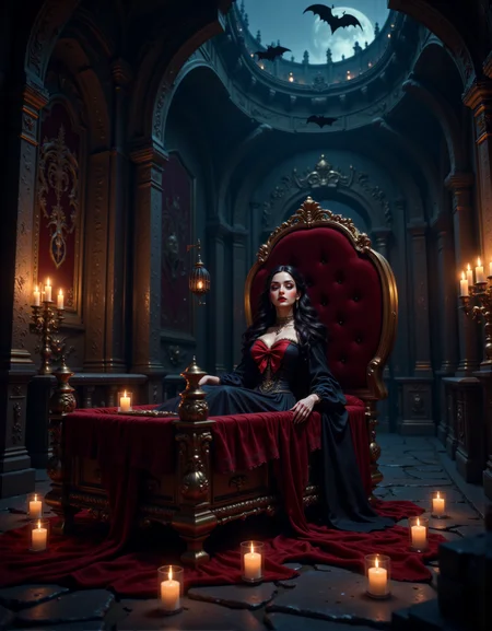 pinketherealmj, aidmaimageupgrader, vampire in a (oversized wooden coffin:2) at center sleeping eyes closed, shadowy castle, a dark chamber is illuminated by flickering candles that cast eerie shadows on stone walls adorned with tapestries of lost battles, bats flying in the room: Blood red potion on the floor, light streaming down from the roof, a creepy hanging cage with a human skeleton inside. At the center lies a beautifully carved coffin surrounded by candles with an open lid, revealing a vampire nestled within luxurious red velvet. Her makeup is heavily stylized, with a pale face, dramatic dark eyeshadow, dark eyeliner, and bold, dark red lipstick.
She wears a black, long-sleeved costume or outfit that is reminiscent of Victorian-era or fantasy clothing. The costume features a high, dramatic collar. There's a large red bow that sits prominently at the top of a corset-style bodice, emphasizing the juxtaposition of red against the dark clothing, dramatic shadows, epic fantasy, 8k high resolution, ray tracing, volumetric lighting
 <lora:PinkieEtherealMJFLUX-v2.0:0.7> <lora:DarksunRIDDV3:0.4> <lora:aidmaImageUpgrader:0.5>