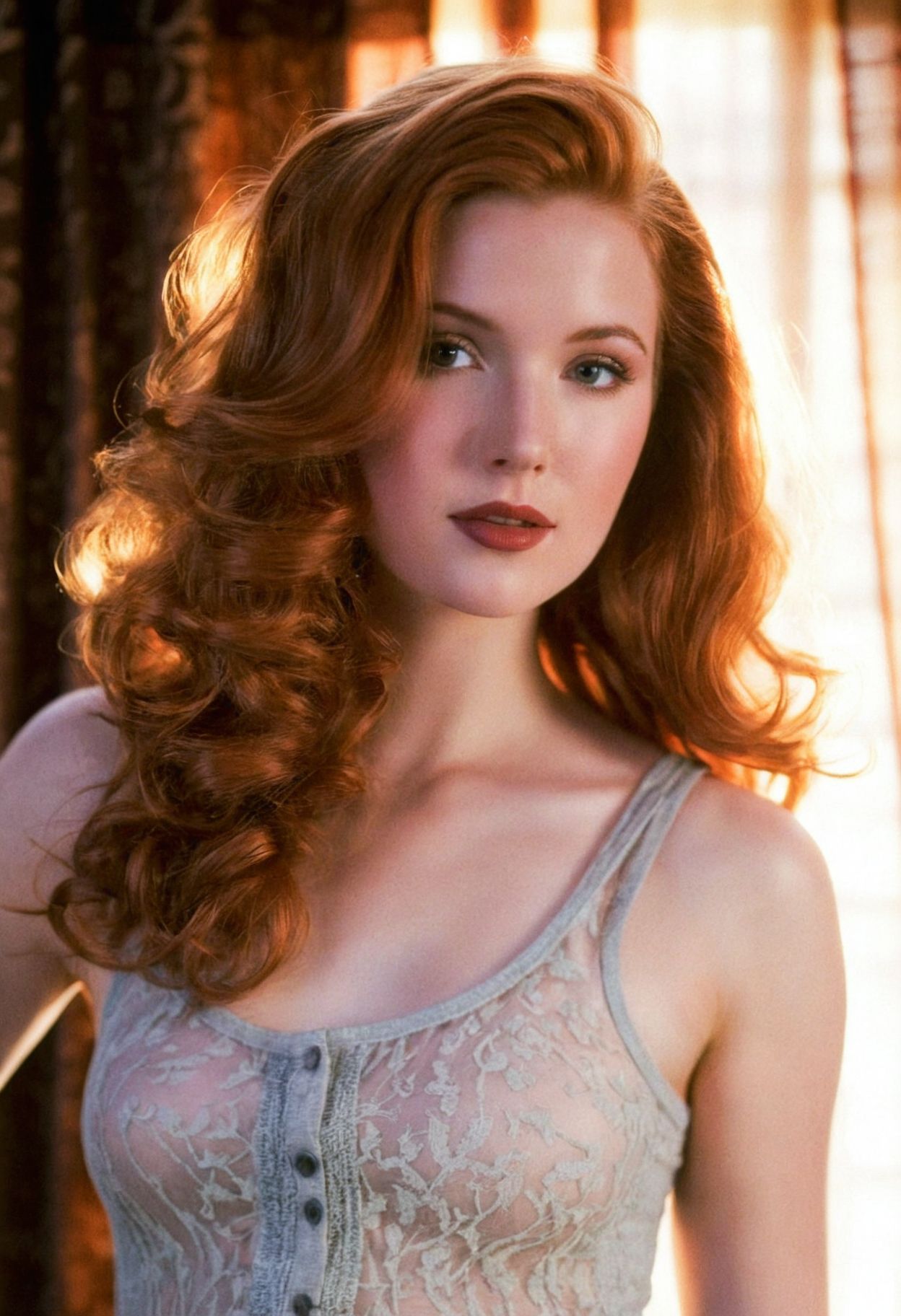 photo analog ginger woman indoors backlight, hair glow, dark lipstick, grey eyes, tank top, sheer curtain, (((soft focus, depth of field, film grain, looking at viewer, masterpiece))) <lora:EuroBabe-v4-XL:0.6>