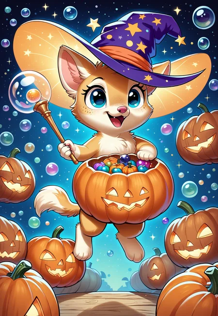 score_9, score_8_up, score_7_up, score_6_up, absurd res:1.1, solo focus, wizard hat, adorable quoll wearing a wizard hat and robes, golden fur, wand, holding, casting a spell, ((pumpkin made of iridescent bubbles, wow_bbls)), ((pumpkin made of iridescent bubbles floating in the air by wand:1.4, wow_bbls)), adorable:1.4, Illustration, official artwork, wallpaper, official art:1.1