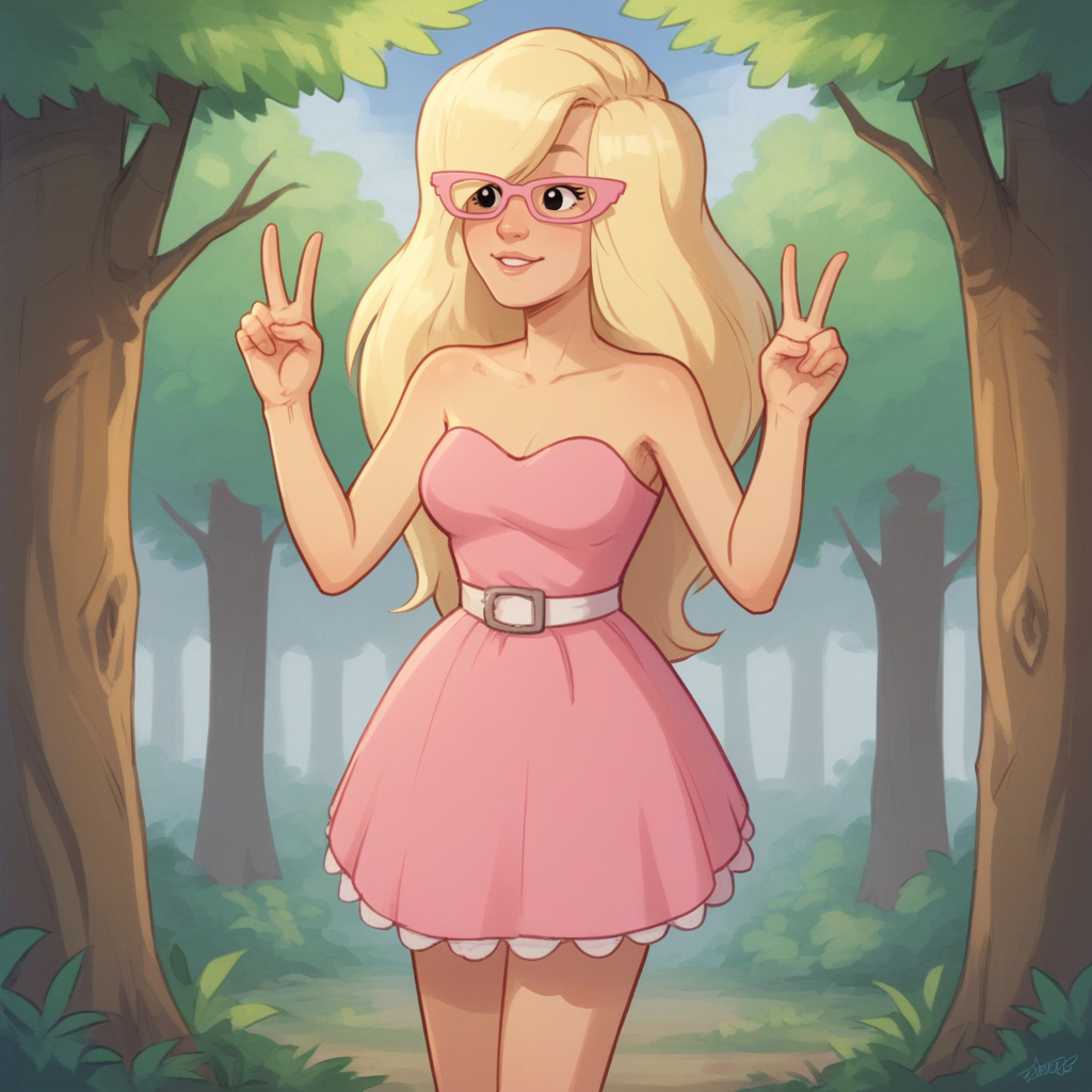 score_9_up, score_8_up, BREAK, Yvonne, 1girl, solo, blonde hair, long hair, black eyes, pink-framed eyewear, strapless dress, pink dress, cowboy shot,  <lora:Yvonne_ToxicCrusaders_PXL_Leaf1:1>, double v, forest,
