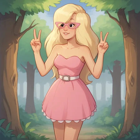 score_9_up, score_8_up, BREAK, Yvonne, 1girl, solo, blonde hair, long hair, black eyes, pink-framed eyewear, strapless dress, pink dress, cowboy shot, <lora:Yvonne_ToxicCrusaders_PXL_Leaf1:1>, double v, forest,