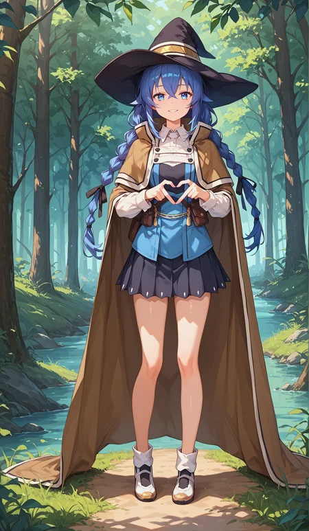 score_9, score_8_up, score_7_up,source_anime,
<lora:P-Roxy:0.8> r0x7, 1girl, solo, blue eyes, blue hair, long hair, hair between eyes, bangs, twin braids, brown cape, witch hat, cape, pleated skirt, long sleeves, black skirt, small breasts, seductive smile, parted lips, eyelashes, standing, (full body), shoes,<lora:Heart_Fingers__Concept_Lora:1> heart fingers, heart hands, forest background, 
,glistening skin, <lora:shinyskin2:0.5>, 
masterpiece, expressiveh, <lora:Expressive_H:0.3>