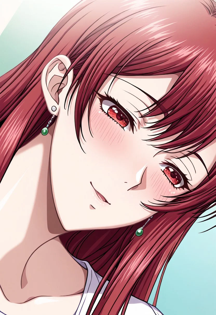 masterpiece, best quality, newest, highres, uncensored, 1girl, yokota mamoru style,1girl,
Aiba Sakura,Long Hair, Red Hair, Red Eyes,Slim
solo, open eyes, earrings, jewelry, long hair, blush, close-up,, dutch angle, portrait,happy