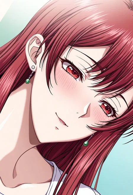masterpiece, best quality, newest, highres, uncensored, 1girl, yokota mamoru style,1girl,
Aiba Sakura,Long Hair, Red Hair, Red Eyes,Slim
solo, open eyes, earrings, jewelry, long hair, blush, close-up,, dutch angle, portrait,happy