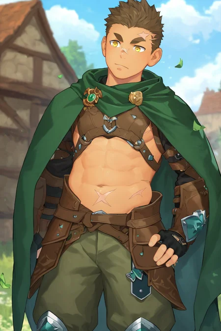 score_9, score_8_up, score_7_up,<lora:Rook10:0.8>, 1boy, solo, rook, short hair, brown hair, yellow eyes, thick eyebrows, scar, scar on face, armor, green cape, green pants, open belly, open clothing, fingerless gloves, harness, outdoors,