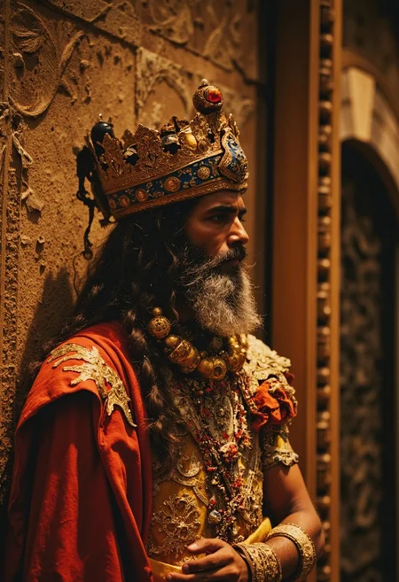 Vibrant Colorful Realistic analog photo, very detailed, hyper detailed, photorealistic, uhd, 4k, a DARK scenery of a Castle hall and the bedouin King with jewelery and golden tiles at the Wall, Realistic analog photo, awesome, high Quality, photorealistic, atmospheric lighting, volumetric lighting, cinematic, Epic Film Quality. intricately royal, stunning detailed