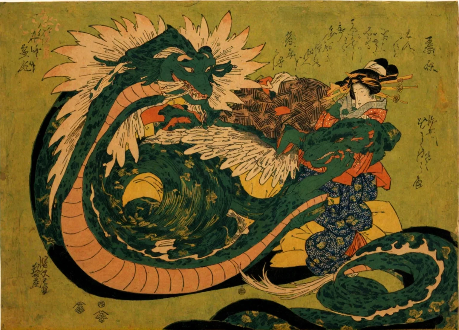 <lora:keisai-eisen_pony_v1:1> 'geisha' by eisen keisai in, bijinga \(genre\), ukiyo-e \(style\), genre painting \(genre\) a Gigantic Graceful Mythical Amorphous dragon, score_9, score_6_up, score_7_up
