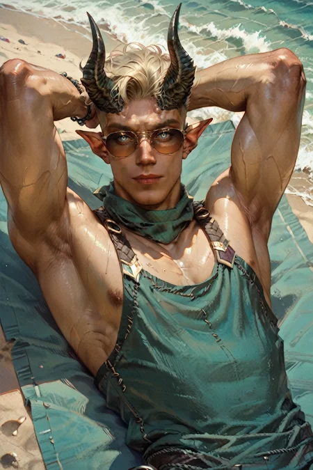 score_9, score_8_up, score_7_up, score_6_up
<lora:BGDammon:1.0>
BGDammon, 1boy, undercut, blonde hair, blue eyes, demon horns, pointy ears, looking at viewer, male model lying on the sand, hands behind head, sunglasses on, beach towel underneath, calm ocean waves in the background, relaxed and carefree vibe