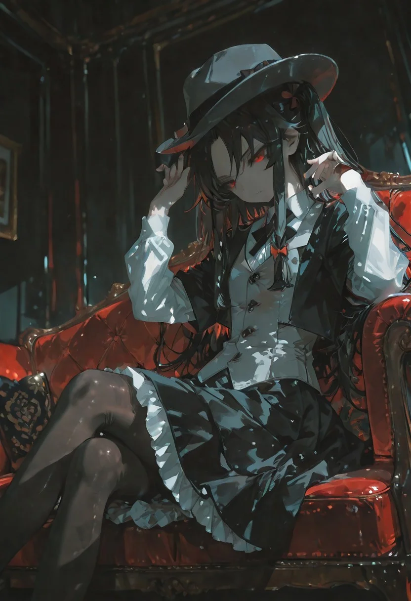 ai-default,yashajin ai,red eyes,black hair,long hair,sidelocks,one side up,black jacket,white collared shirt,short over long sleeves,grey vest,black skirt,frilled skirt,pantyhose,
masterpiece, best quality, (anime coloring), (minimalism:0.8),
elegant pose, tilted head, looking down, graceful pose, sitting on couch, hand on hat, crossed legs,
victorian furniture, dynamic angle, dark background, high contrast, spotlight effect, cinematic lighting