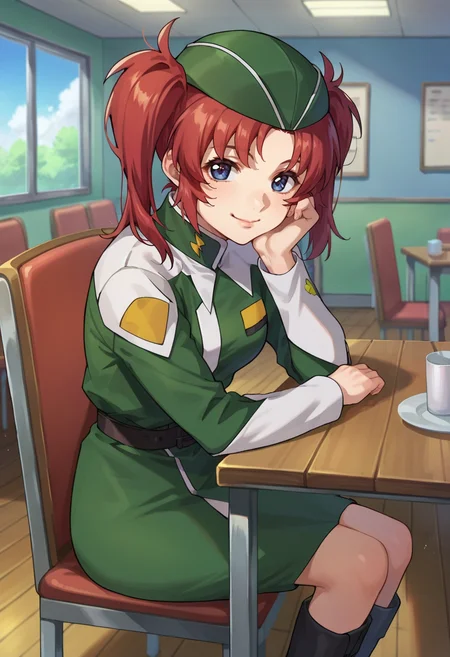 score_9,score_8_up,score_7_up,score_6_up,score_5_up,score_4_up,anime coloring,source_anime,<lora:Meyrin_Hawke_SEED_Destiny_Pony:0.8>,meyrin,1girl,solo,blue eyes,red hair,twintails,green hat,green jacket,belt,green skirt,black boots,smile,sitting,indoors,rest room,table,chair,looking at viewer,
