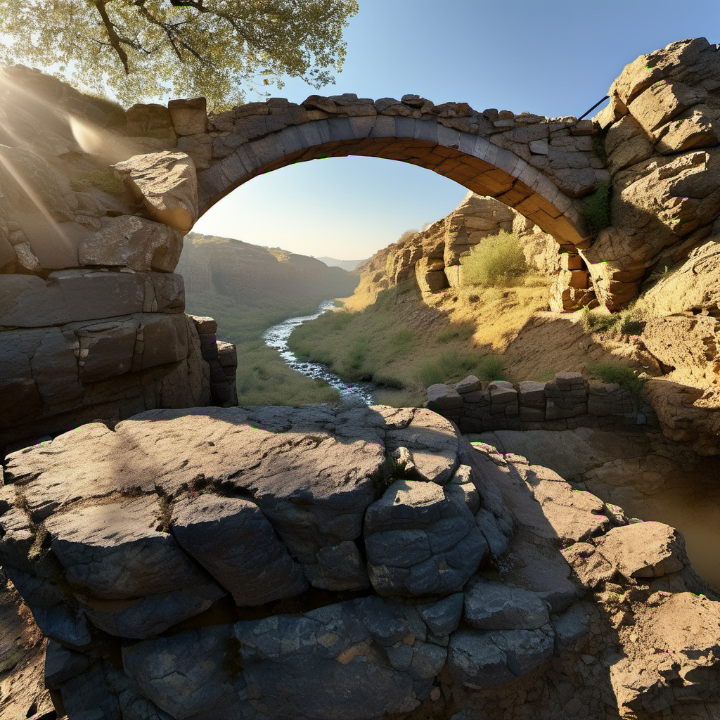 cinematic photo wide angle, rocky valley, lush nature,  tree,  ancient bridge,  pbr texture sandstone, (masterpiece,best quality:1.6),Fearful, Contax G1/G2 Camera ,film camera, , cracked weathered,  golden hour, blue sky
 <lora:sandstone-SDXL-m:1> . 35mm photograph, film, bokeh, professional, 4k, highly detailed