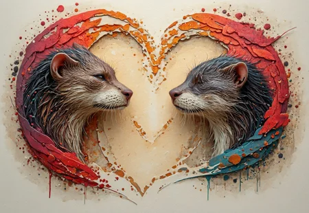 High resolution,Best quality,White Balance,light and shade contrast,rule of thirds,hyper Realistic,colorful,vibrant colors,negative space,extreme wide shot.in the style of Peter Mohrbacher,frank frazetta,artchlr,bright colors,

two otters facing each other,eyes closed,head tigheter,(the negative space between thier head making an heart shape),surrounded by love and hearts,