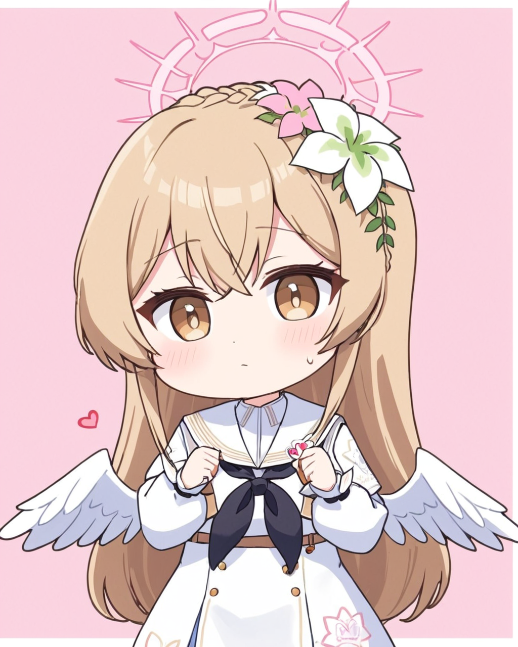 nagisa \(blue archive\),1girl, solo, black_neckerchief, puffy_long_sleeves, hair_flower, white_dress, uchiwa, halo, sweat, holding_fan, white_outline, chibi, white_sailor_collar, flying_sweatdrops, pink_background, two-tone_background, white_flower, sailor_dress, white_background, white_wings, closed_mouth, feathered_wings, hands_up, facing_viewer, crown_braid, upper_body, pink_flower, heart, simple_background
<lora:nagisa_(blue_archive)_image577_2023-11-28-000015:1>halo. gorgeous,key visual, vibrant, studio anime,award-winning, professional, highly detailed,high budget, cinemascope