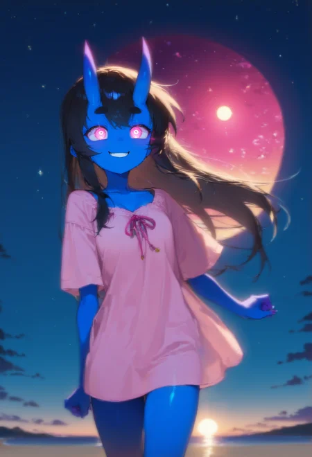 score_9_up, masterpiece, best quality, amazing quality, very aesthetic, 1girl, solo girl, starlit, cosmic, sun, casual clothes,
BREAK <lora:Kuroni_Black_Pony:1> Kuroni Black, colored skin, deep blue skin, Aka-Oni, oni girl, straight horns, black hair, long hair, pink eyes , glowing eyes, short thick eyebrows, (((adult))), happy,
