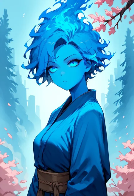 score_9, score_8_up, score_7_up, extremely detailed, masterpiece, best quality, newest, highres, extremely detailed, PG-13, BREAK
1girl, solo, athletic tomboy american girl leaning against a cherry blossom tree, pretty face, body of blue fire, female blue fire elemental, hourglass figure, detailed burning blue kimono, silhouette, BREAK
forest of cherry blossom trees background, BREAK
blue fire hair, short hair, parted bangs, curly hair, messy hair, detailed flaming blue eyes, BREAK