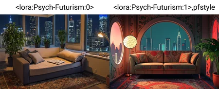 couch, scenery, potted plant, window, indoors, pillow, cityscape, city, carpet, sleeping, cushion, table, night, rug, skyscraper, lying, building, lamp, chair <lora:Psych-Futurism:0>