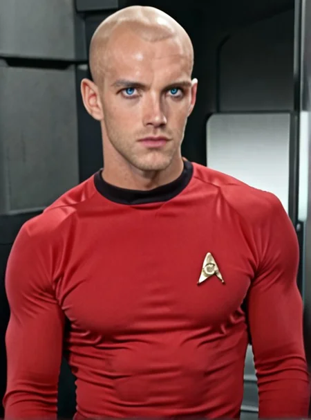 1boy, 20 year old male, Handsome, masculine, blonde, star trek, red shirt, muscle, tall, tight shirt, wide pectorals, big shoulders, wide shoulders, muscular neck, German, bald, big pale blue eyes,
stunf, star trek uniform,