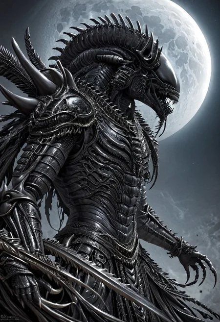 A closeup of fantastical image of a Xenomorph knight, clad in flowing, flowing robes, wielding an ornate, ornate blade. they wield the sword in a fluid, dynamic motion. The moon's reflection highlights their magical power, solo, wide angle, art by hr giger